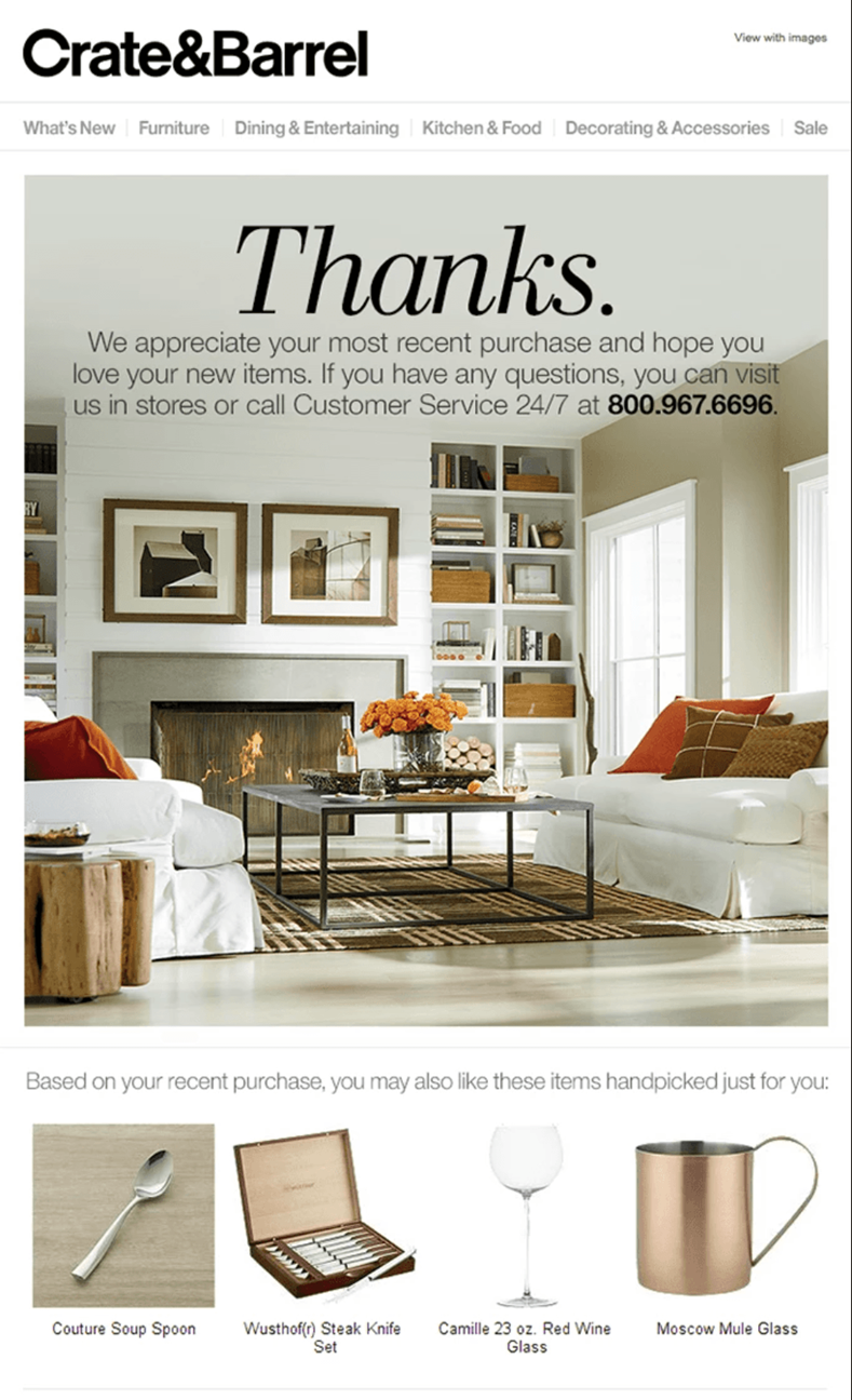 Crate&Barrel post purchase email with AI product recommendations