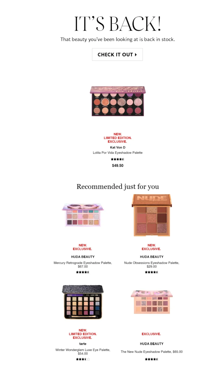 Sephora back in stock email with "Recommended just for you" product selection