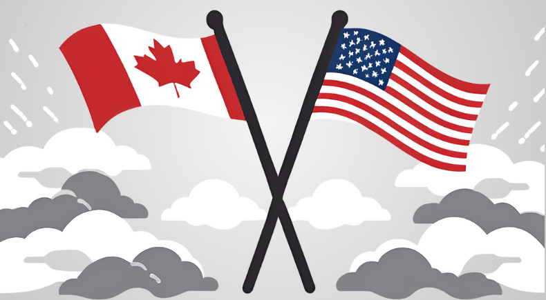 Canada and USA flag on a rainy day